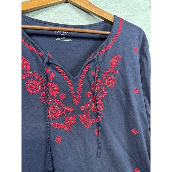 Talbots Womens Navy Tunic Embroidery 3/4 Sleeves Size 2X Patriotic - Picture 2 of 4
